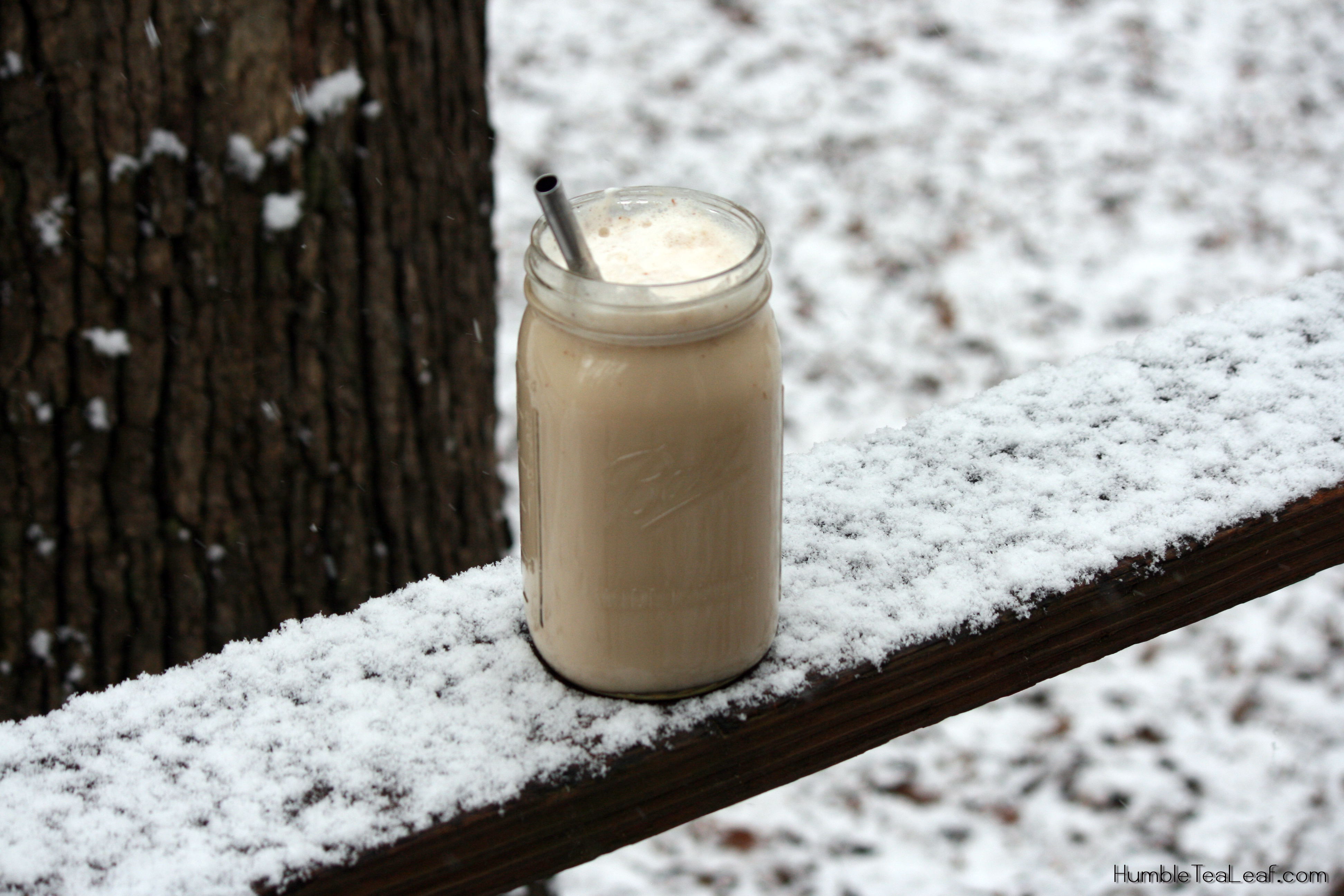 Ginger Milk Tea in a huge Mason Jar with a metallic straw! 